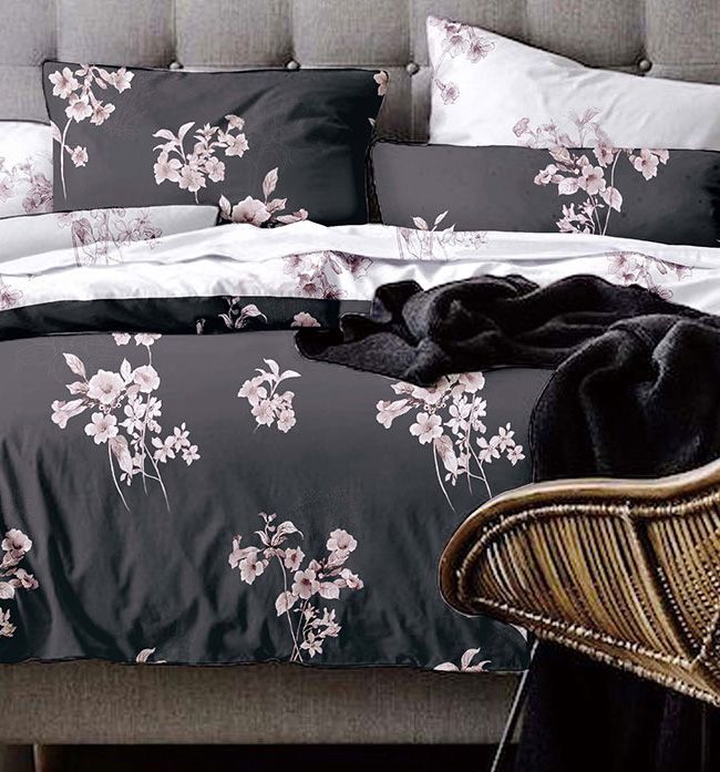 Duvet cover set, dark gray with pink floral print and matching pillowcases