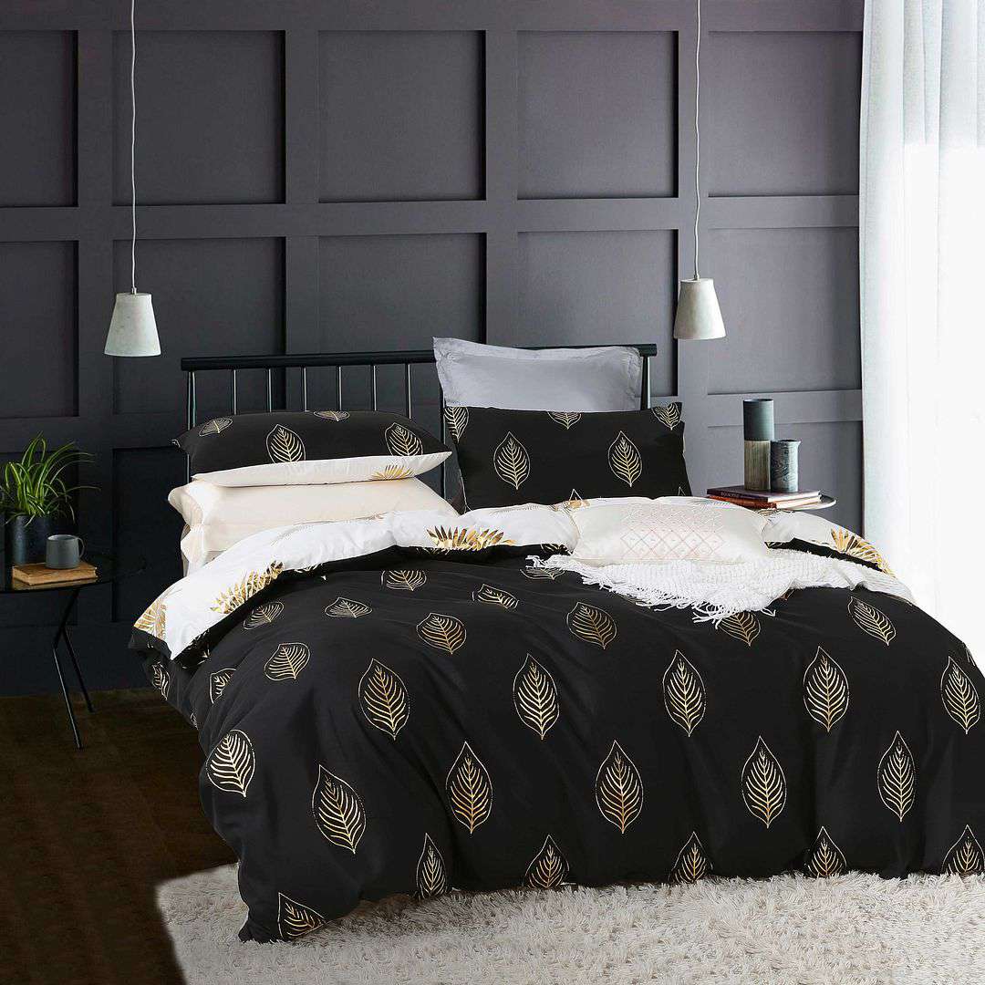 Reversible Design Queen Size Black Gold Duvet Quilt Cover Set