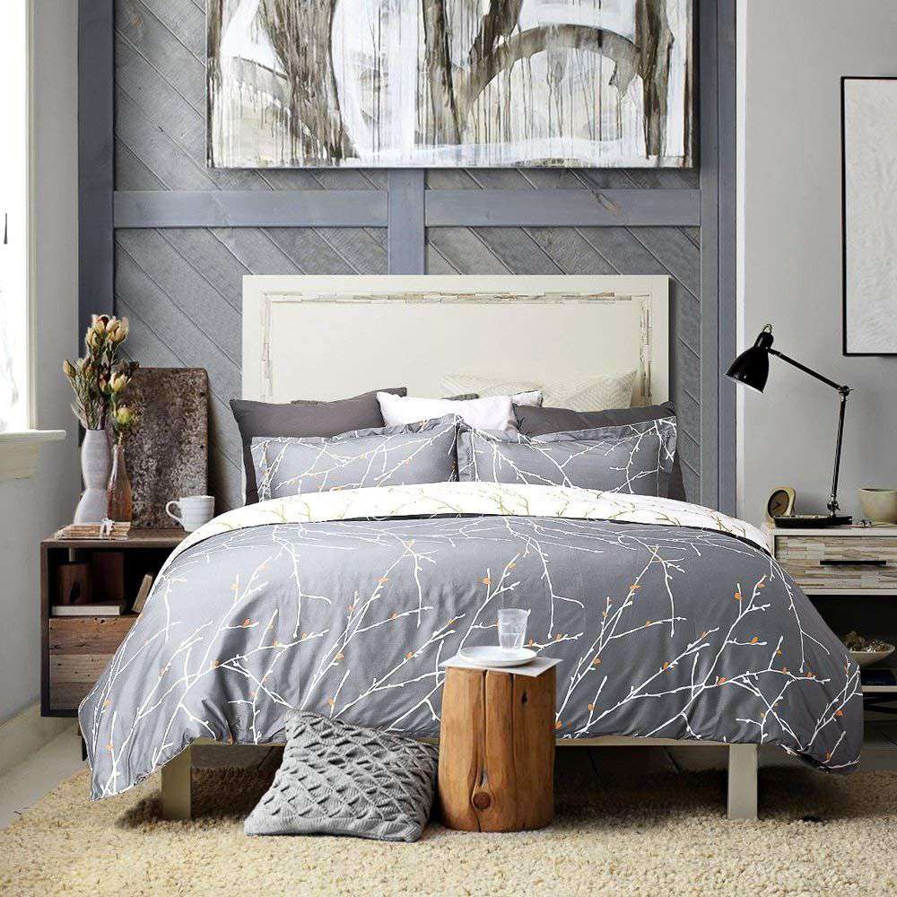 Tree Reversible Super King Size Grey Duvet Quilt Cover Set