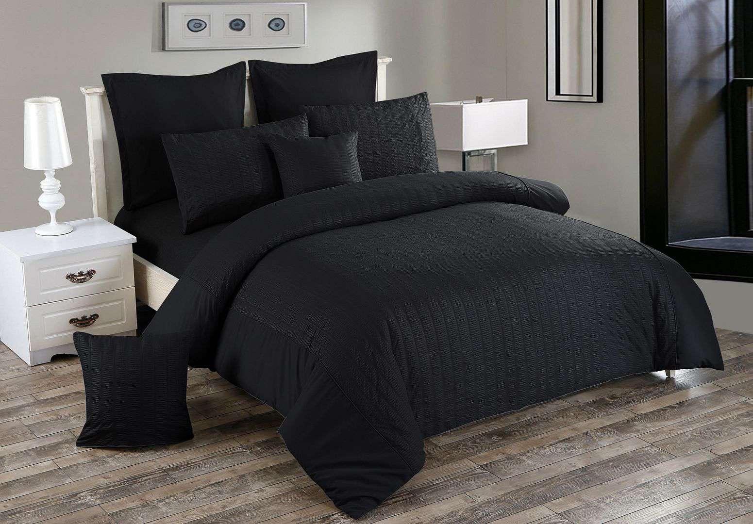 Seersucker Double Size Black Duvet Quilt Cover Set