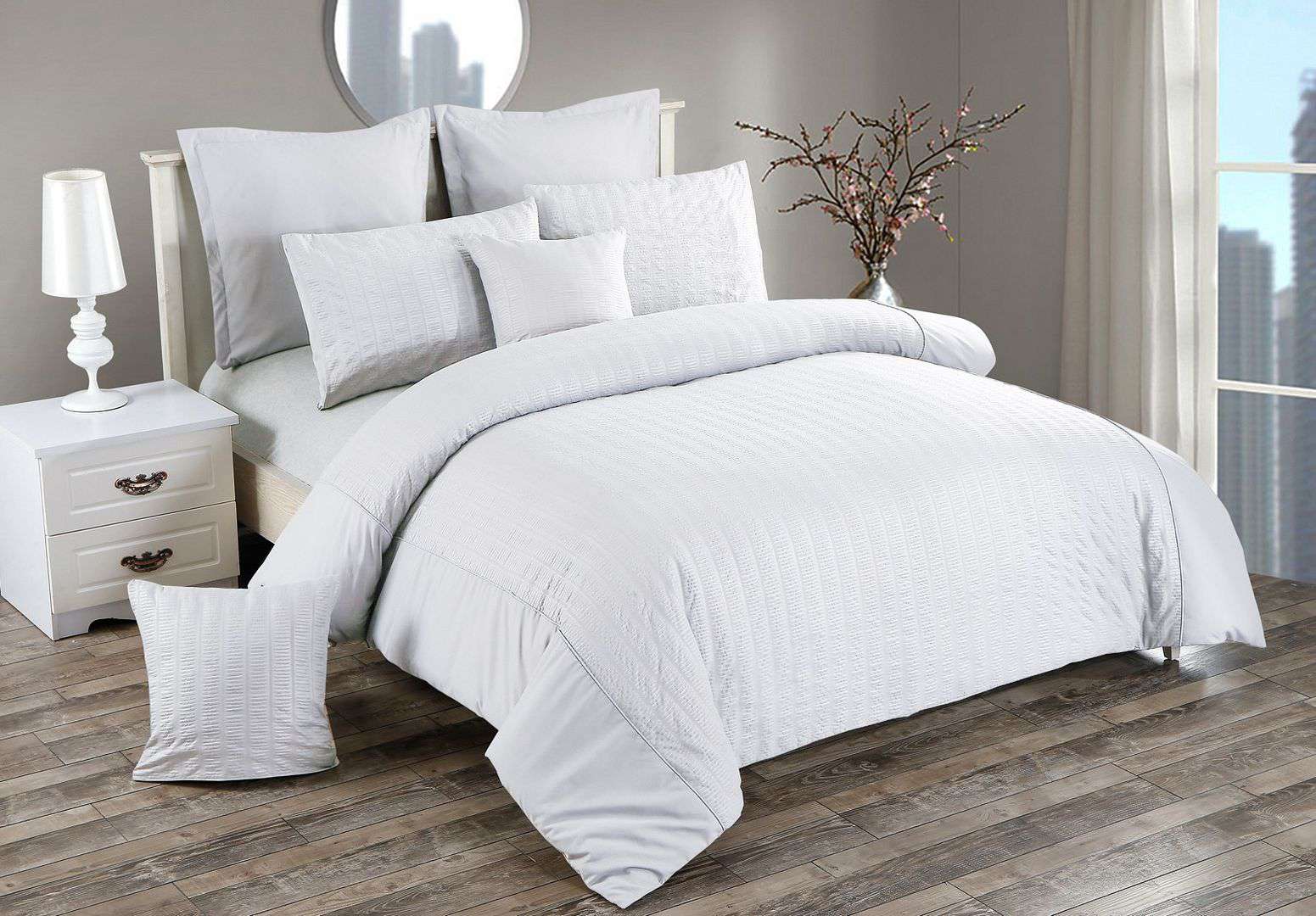 Seersucker King Size White Duvet Quilt Cover Set