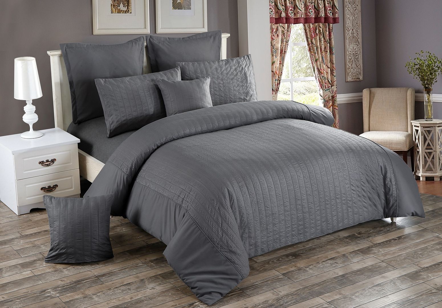 Seersucker King Size Charcoal Duvet Quilt Cover Set