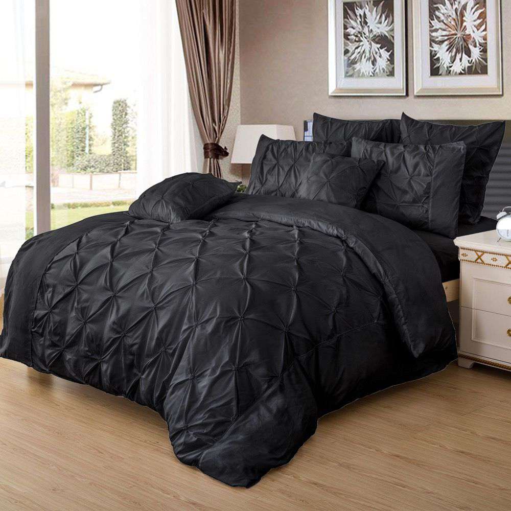 Diamond Pintuck Queen Size Black Duvet Quilt Cover Set