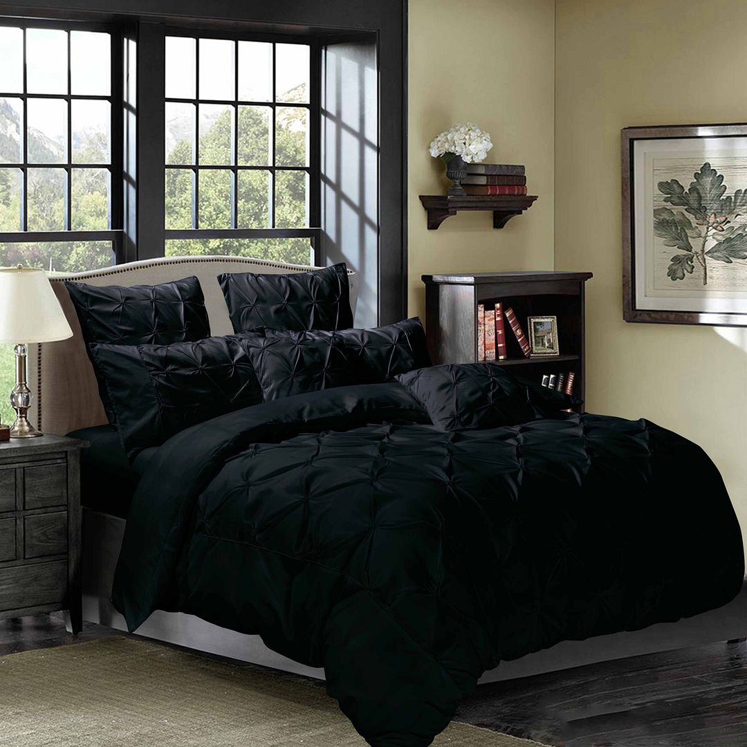 Diamond Pintuck Queen Size Black Duvet Quilt Cover Set