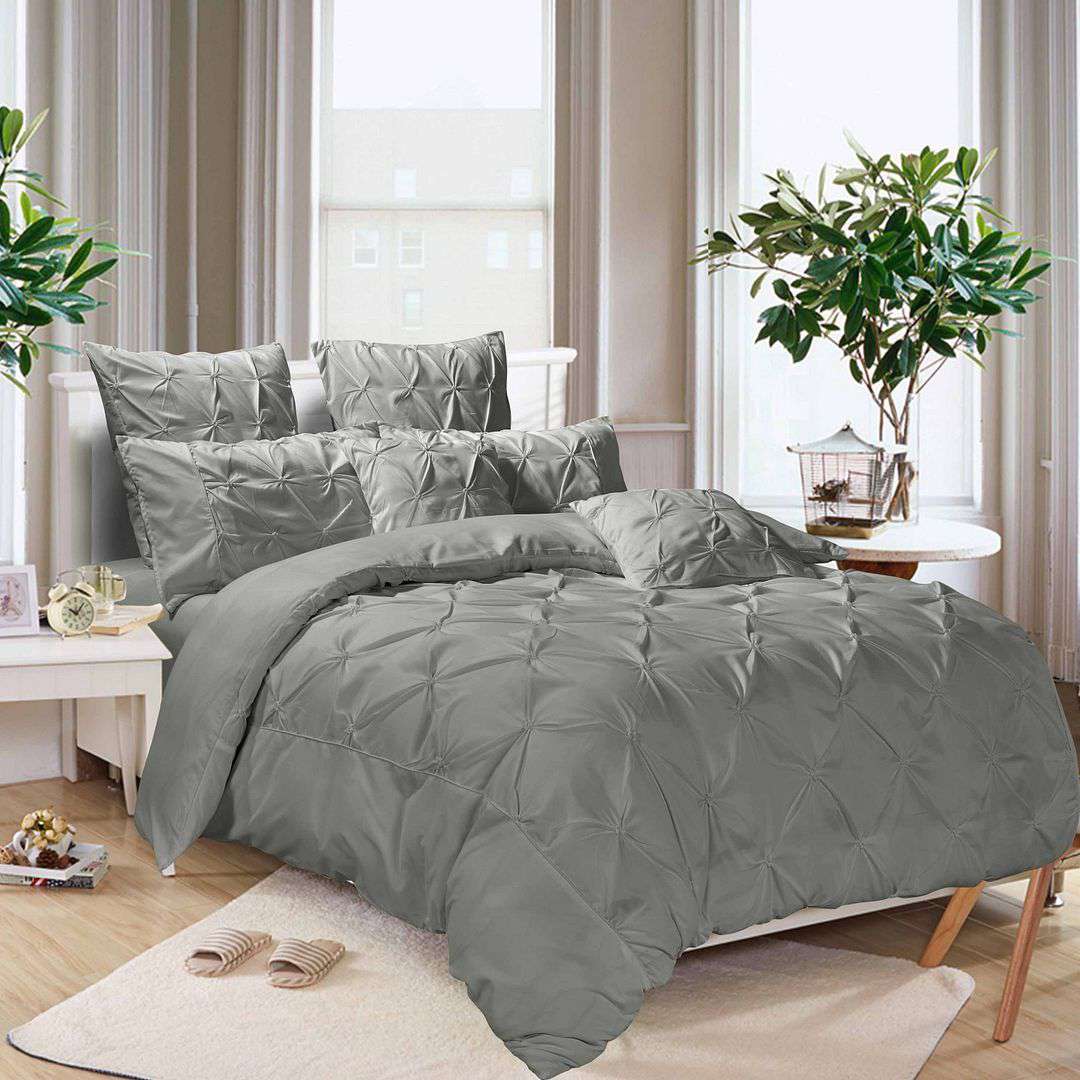 Diamond Pintuck Queen Size Grey Duvet Quilt Cover Set