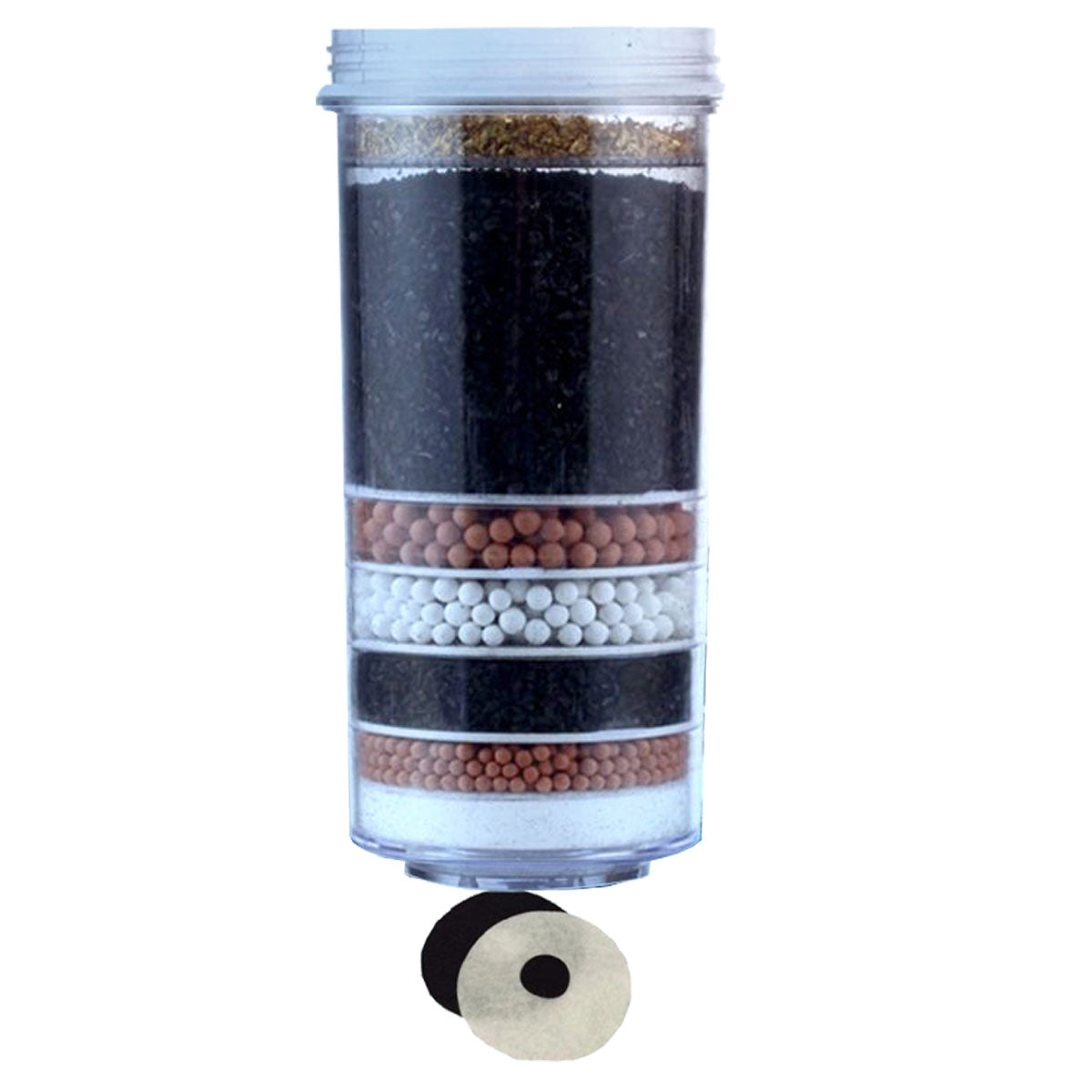 Multi-stage water filter cartridge with clear housing, layered media, and base disc