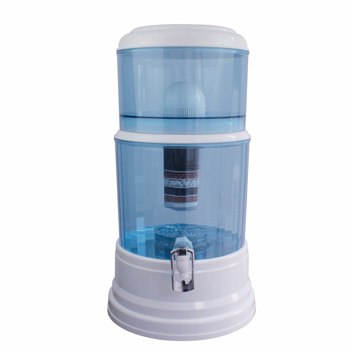 Freestanding water filter dispenser with clear tanks and faucet on base
