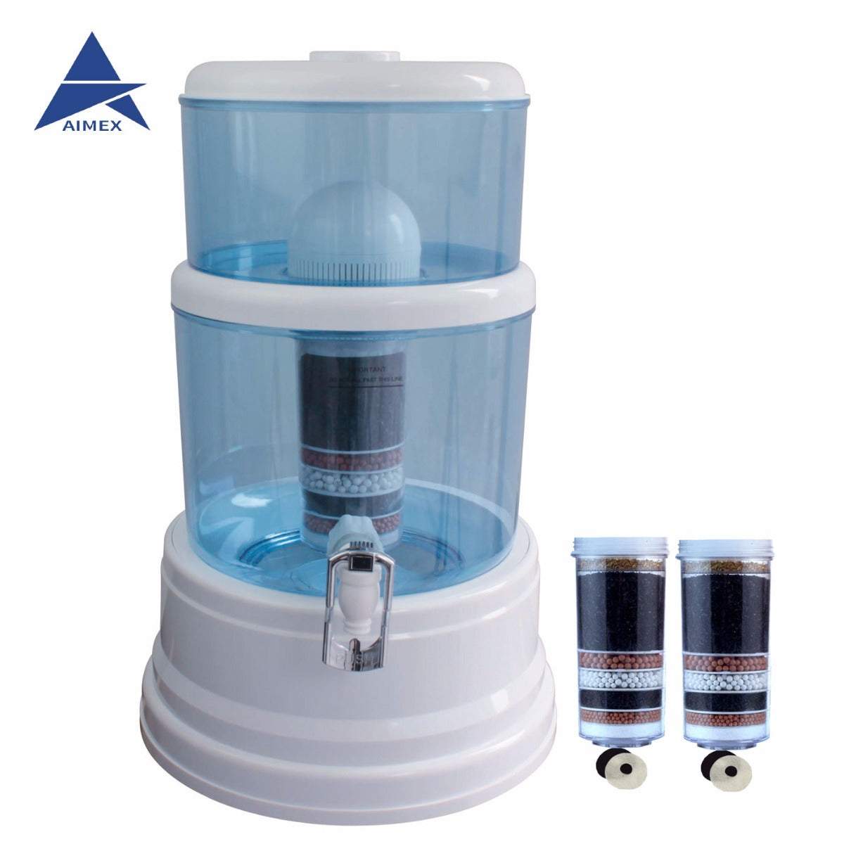 Water filter dispenser with two spare multi-stage cartridges on the side