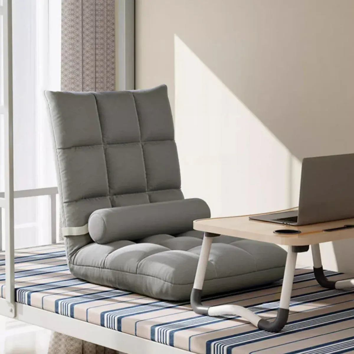 Floor Lounge Sofa Bed Chair with Lumbar Pillow Folding Adjustable Cushion - White Bedworld