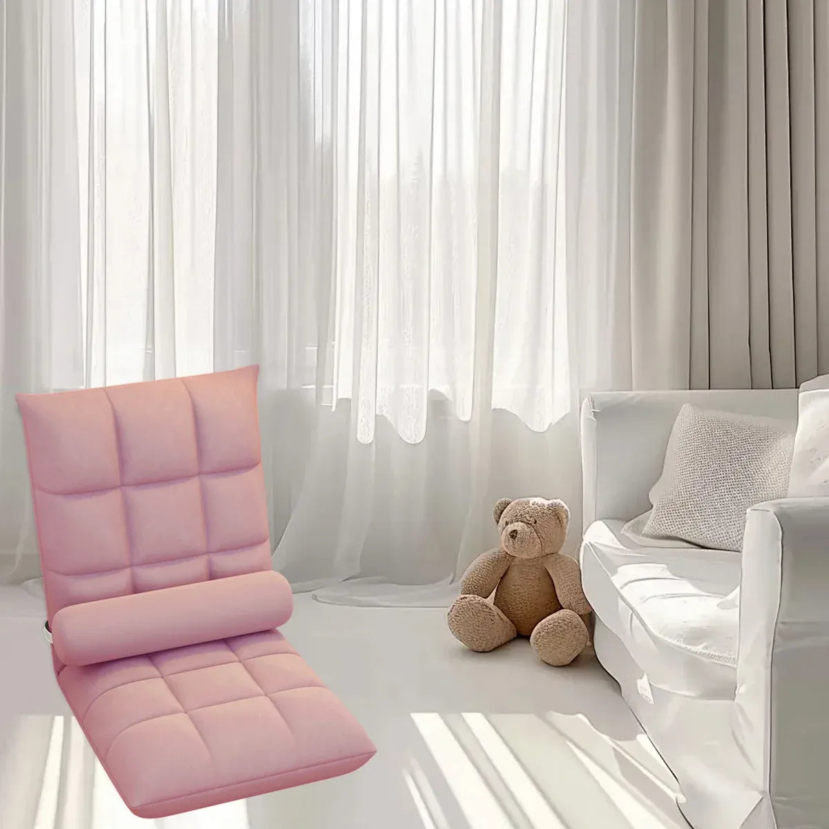 Floor Lounge Sofa Bed Chair with Lumbar Pillow Folding Adjustable Cushion - White Bedworld