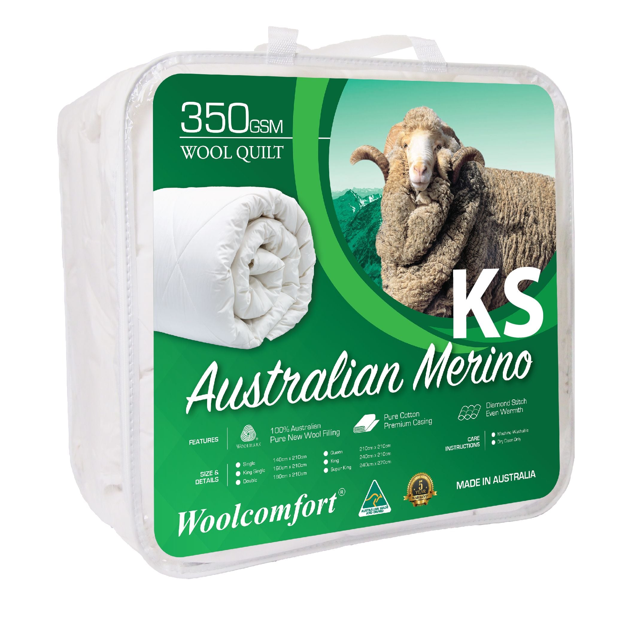 Woolcomfort Aus Made Merino Wool Quilt 350GSM 160x210cm King Single Size Bedworld