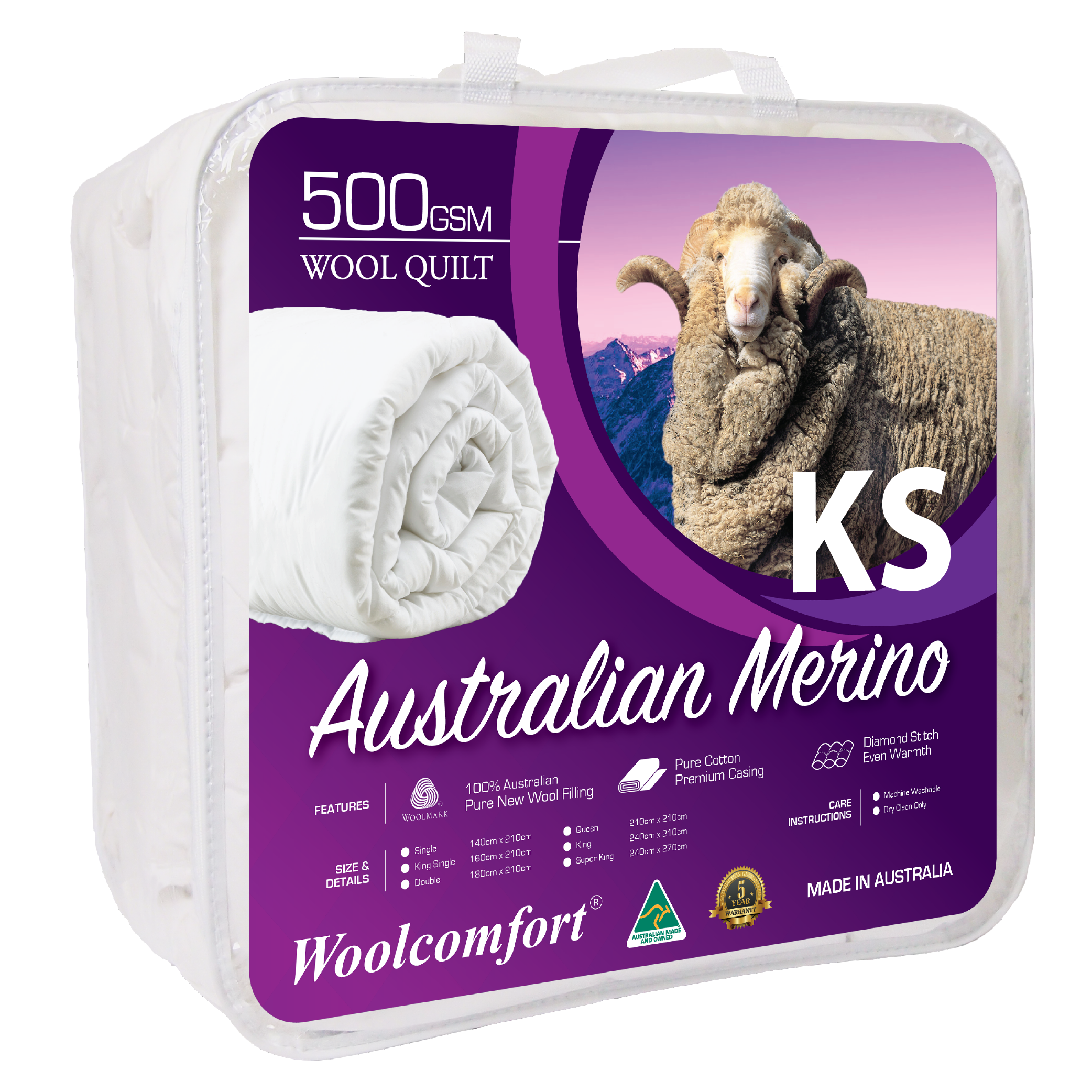 Woolcomfort Aus Made Merino Wool Quilt 500GSM 160x210cm King Single Size Bedworld