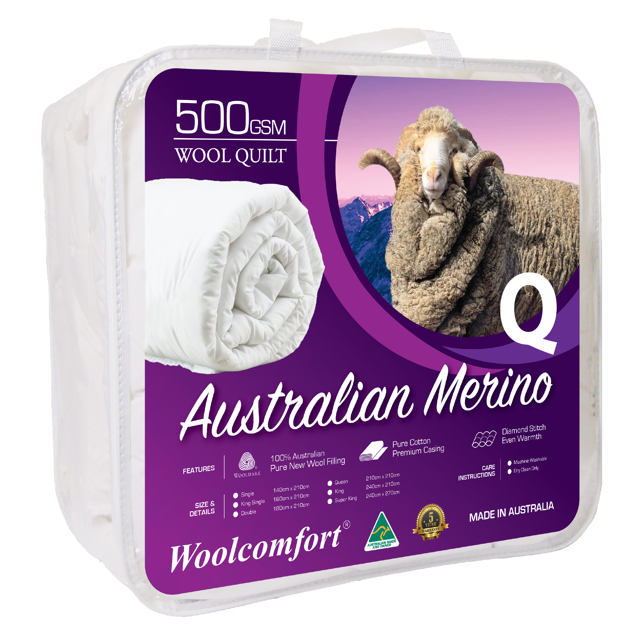 Woolcomfort Aus Made Merino Wool Quilt 500GSM 210x210cm Queen Size Bedworld