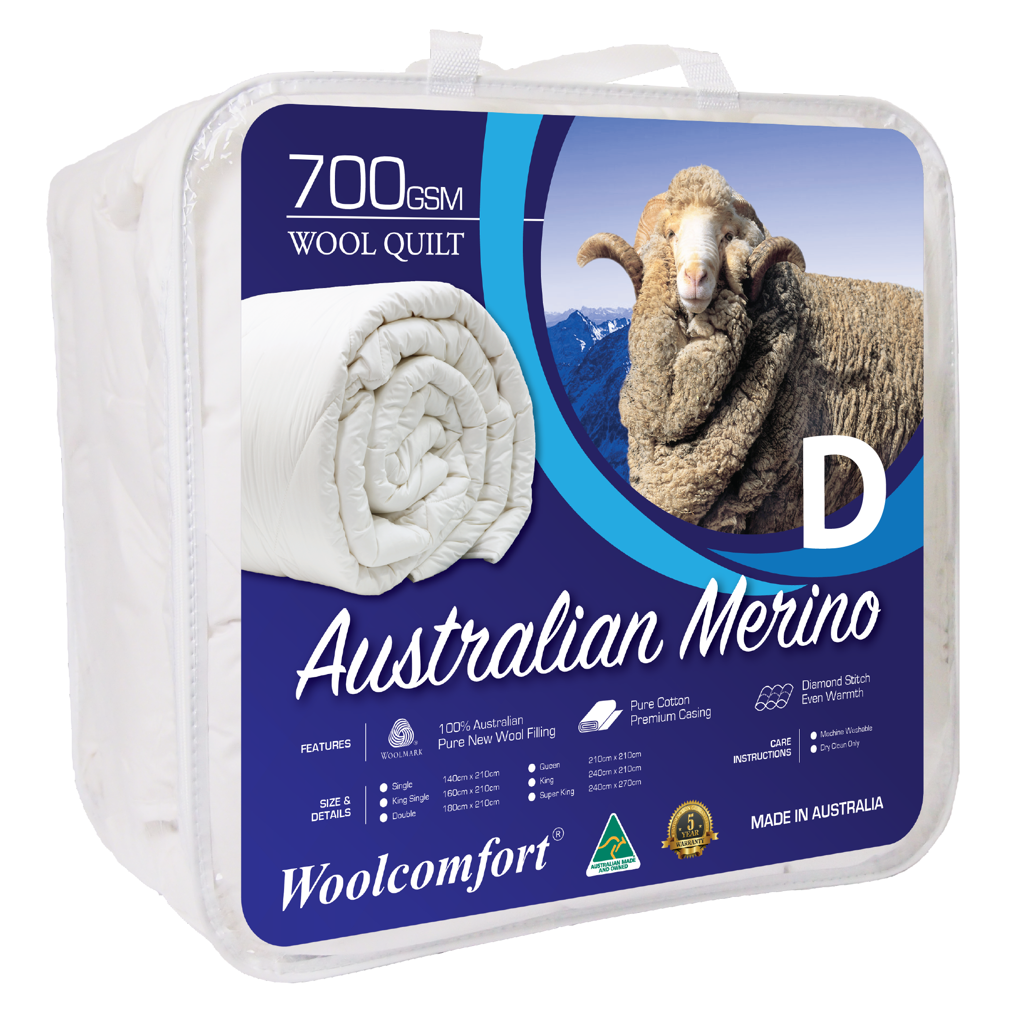 Woolcomfort Aus Made Merino Wool Quilt 700GSM 180x210cm Double Size Bedworld