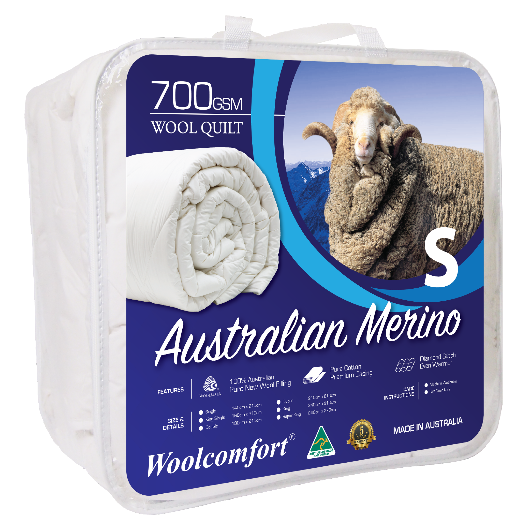 Woolcomfort Aus Made Merino Wool Quilt 700GSM 140x210cm Single Size Bedworld
