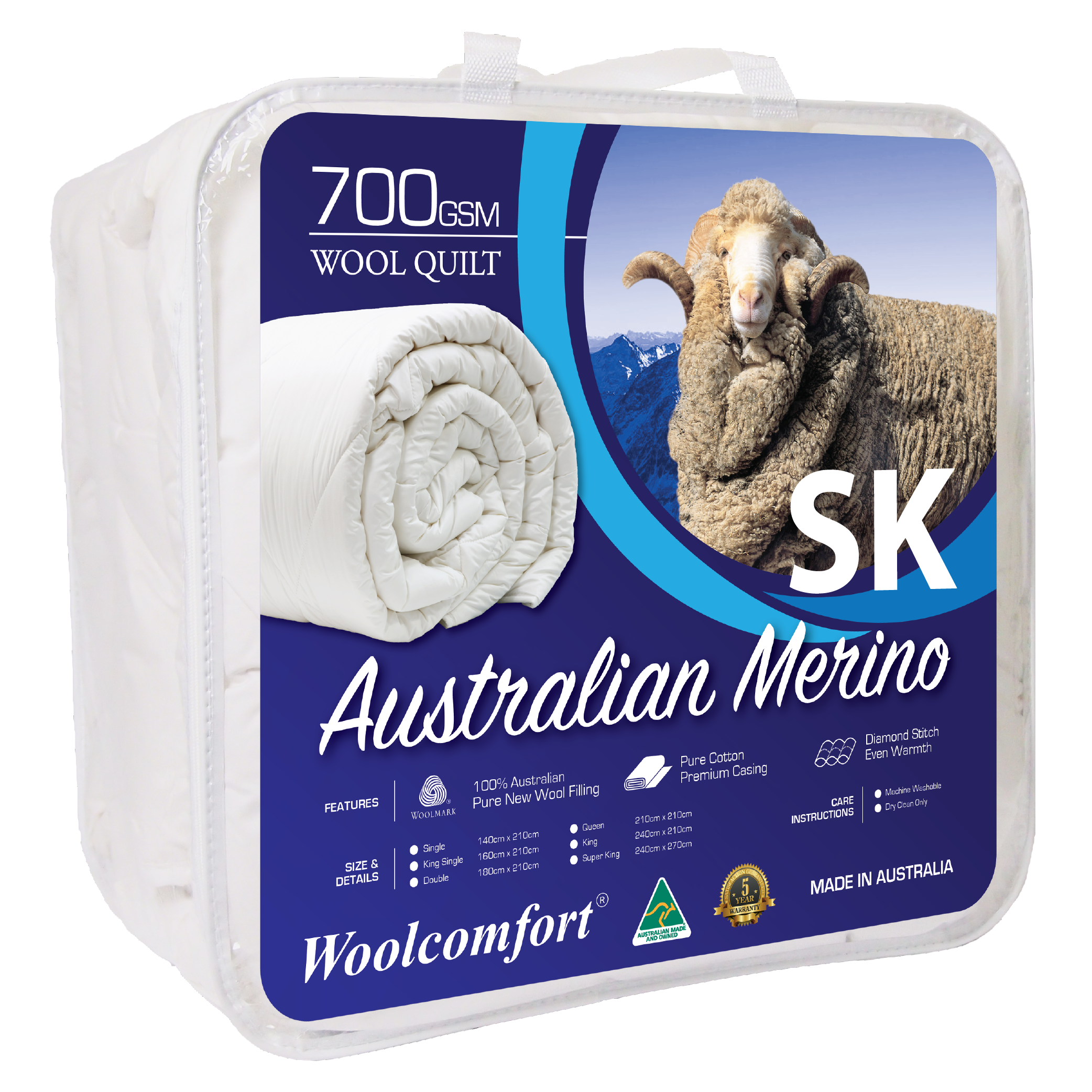 Woolcomfort Aus Made Merino Wool Quilt 700GSM 270x240cm Super King Size Bedworld