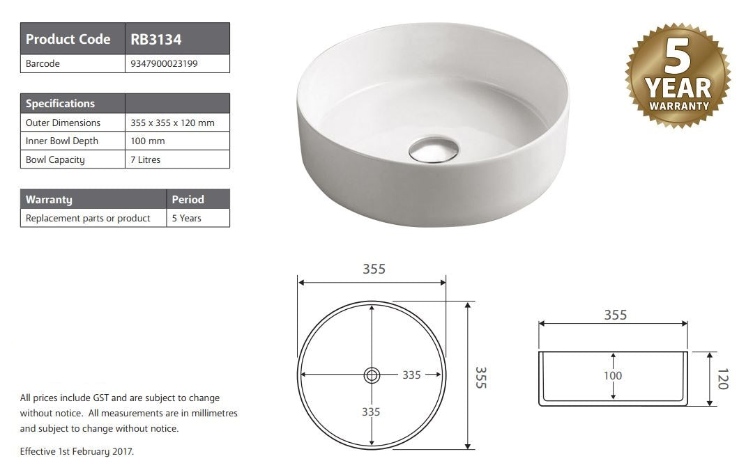 Round 360 mm Dia top counter basin porcelain sink