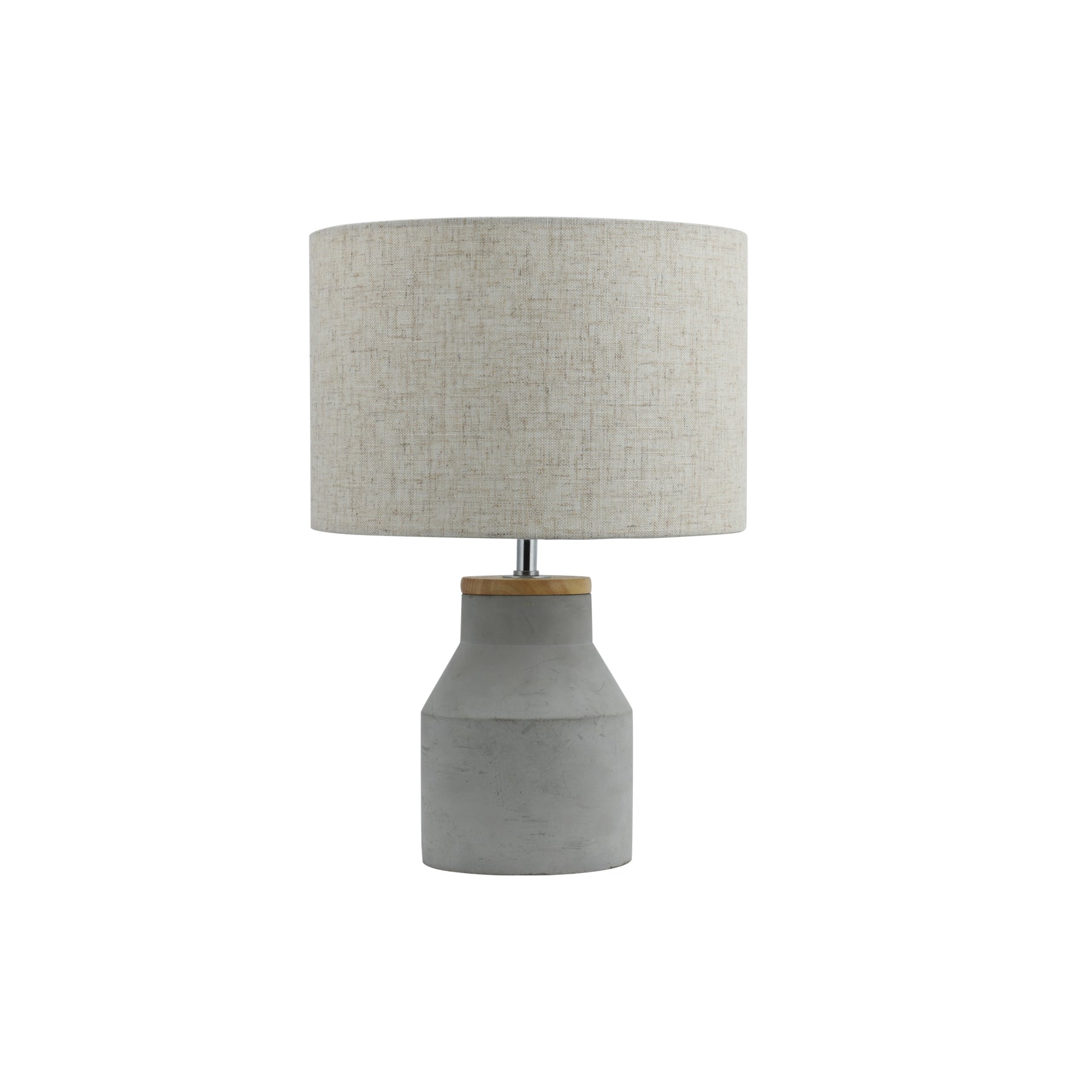 Table lamp with light gray fabric drum shade and gray concrete-style base