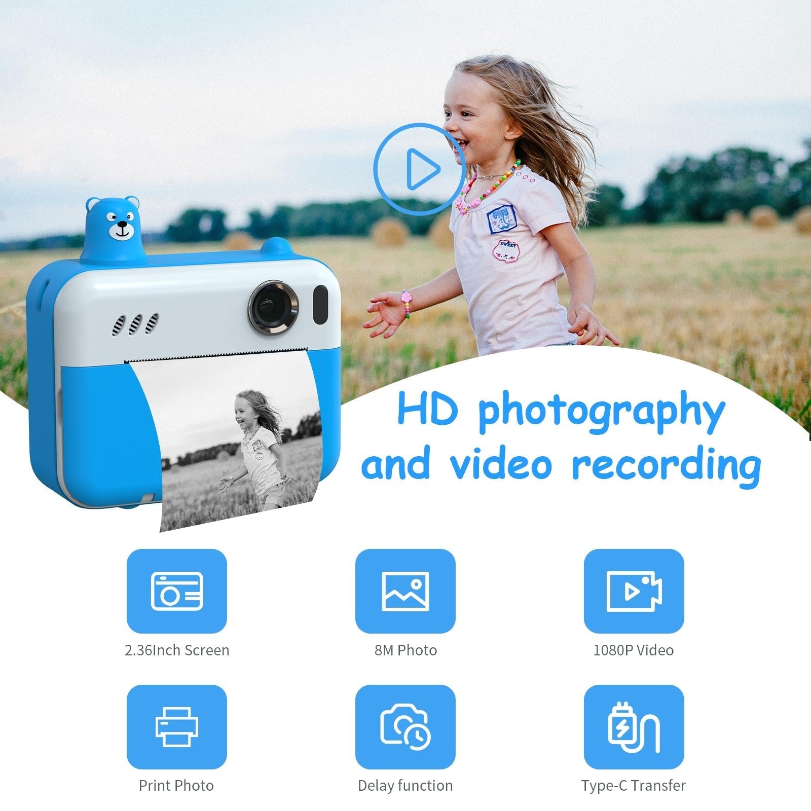 1080p Children's Camera with 2.36 Hd Led Display and Thermal Printing - Instant Capture - Yellow