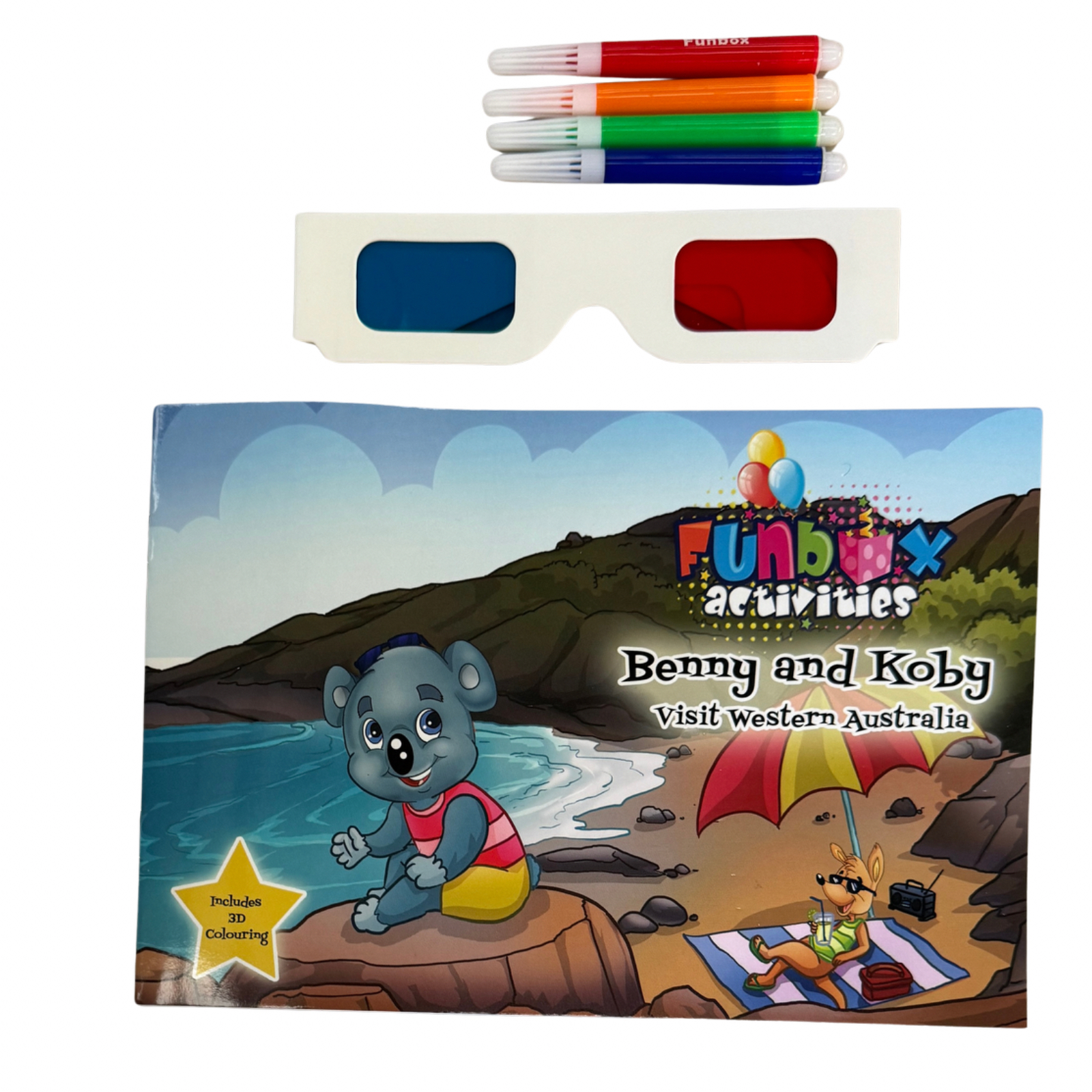 Kids 3D colouring set with colored pencils, red/blue glasses, and western scene book
