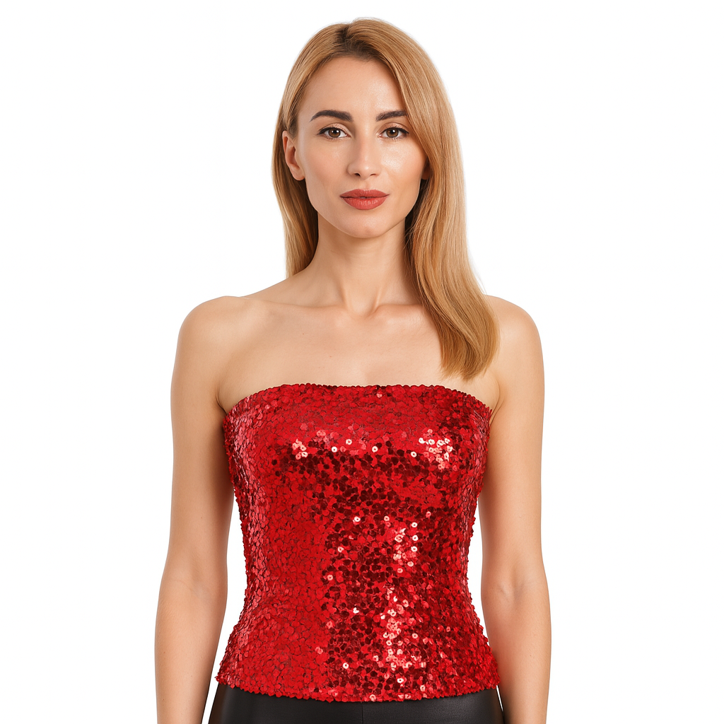 Red sequin bandeau crop top, strapless tube fit