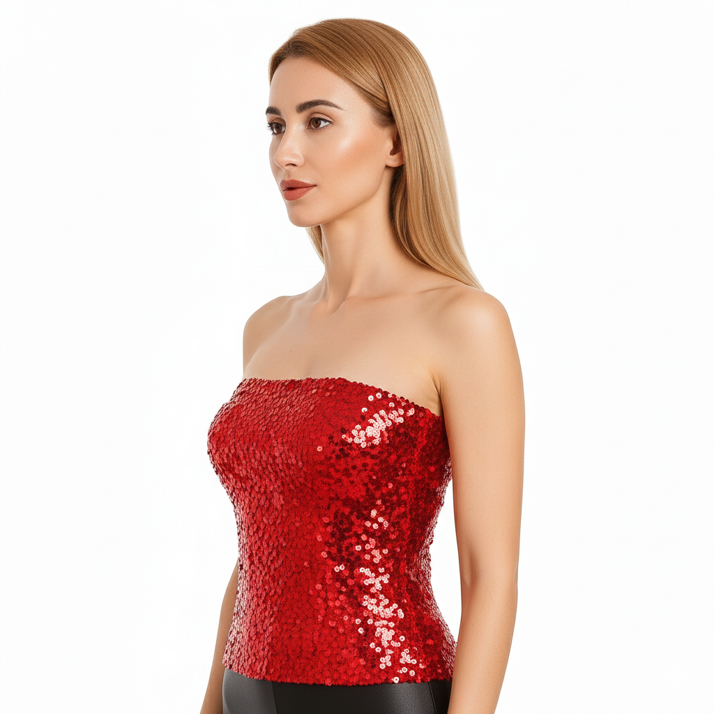 Red strapless sequin bandeau crop top with fitted tube silhouette