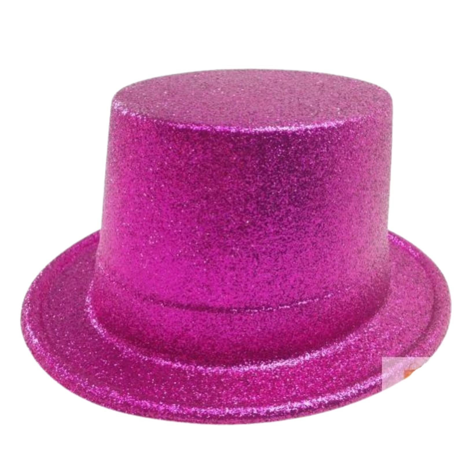 Hot pink glitter top hat with flat brim and tall crown