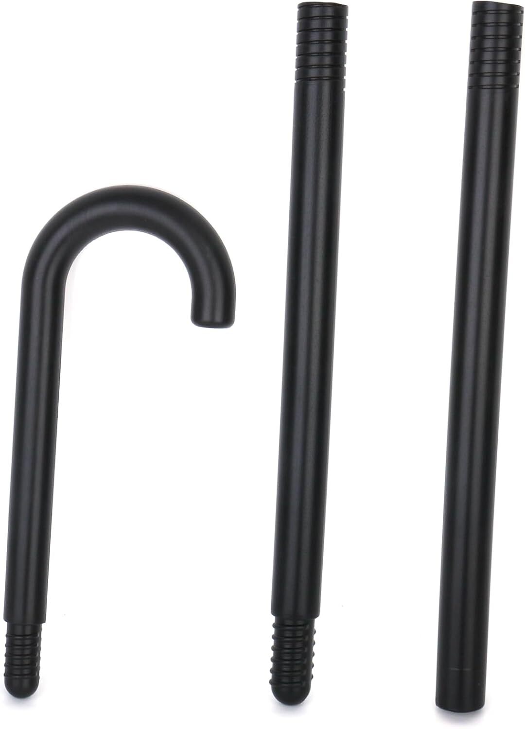 Black plastic walking cane with curved handle and ribbed grip ends (three views)