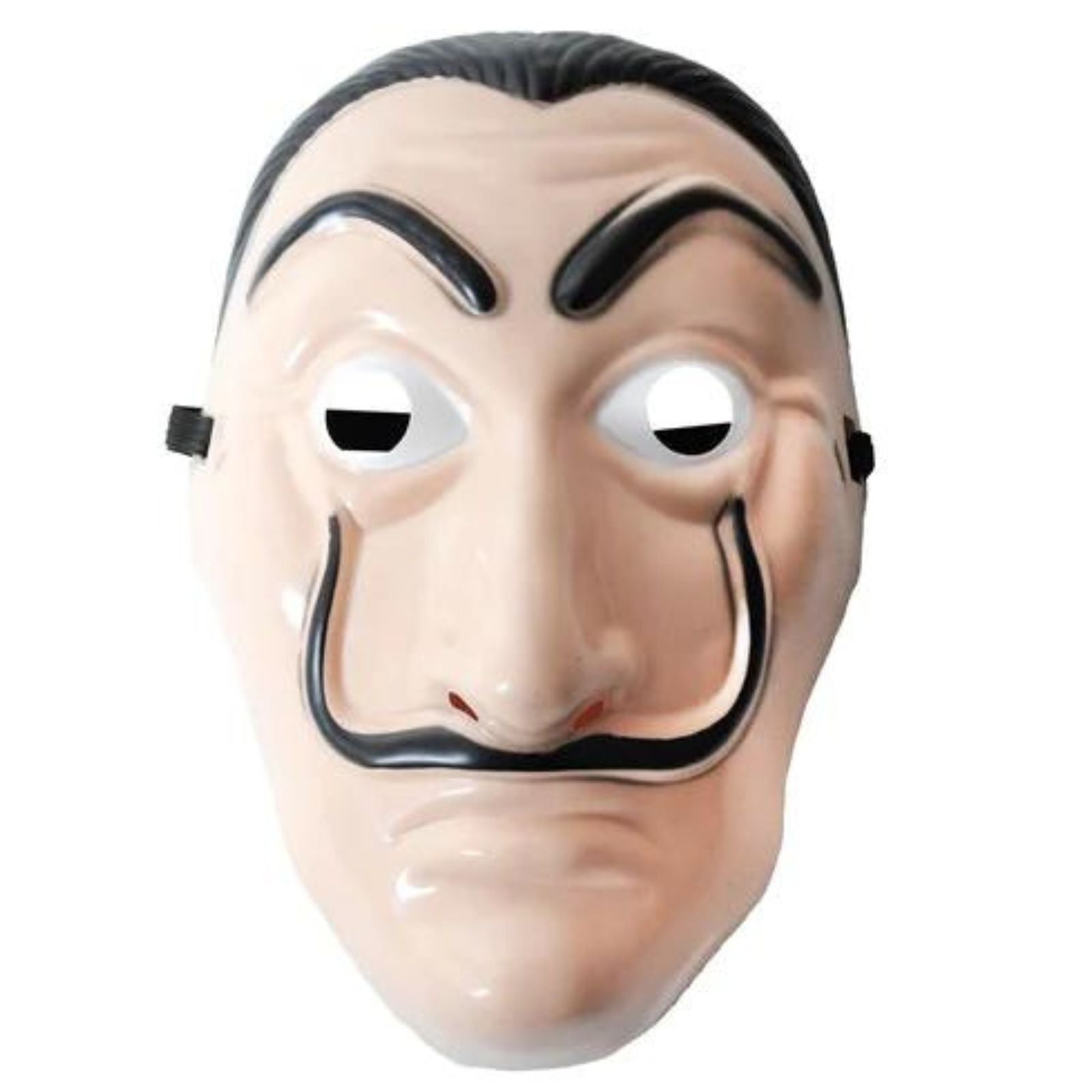 Costume plastic face mask with black outlines, stylized eyes and moustache