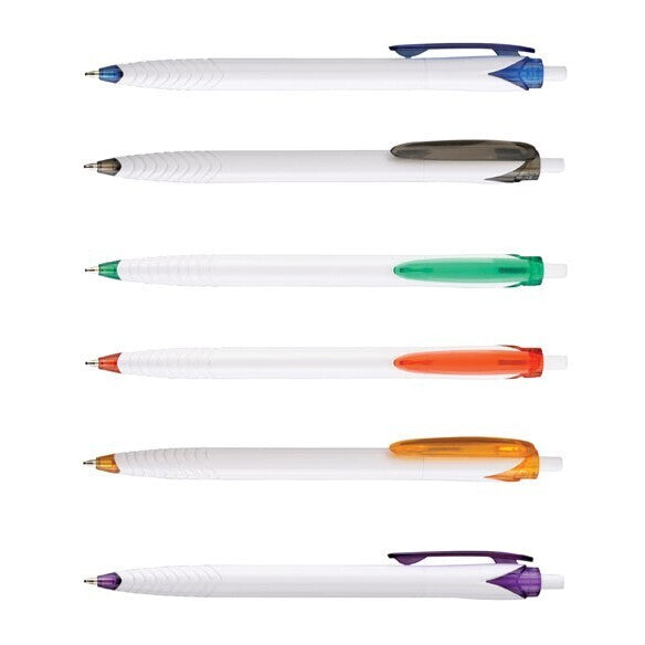 Six assorted ballpoint pens with translucent barrels and colored tips