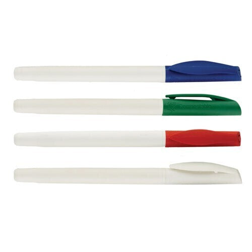 Ballpoint pens with white barrels and colored caps: blue, green, red and white