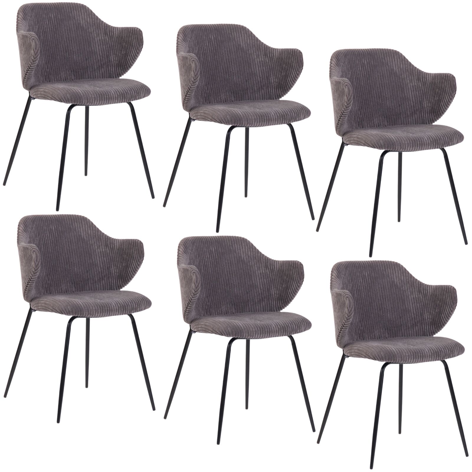 Set of 6 Dining Chairs with Corduroy Cord Fabric in Dark Grey Lincoln