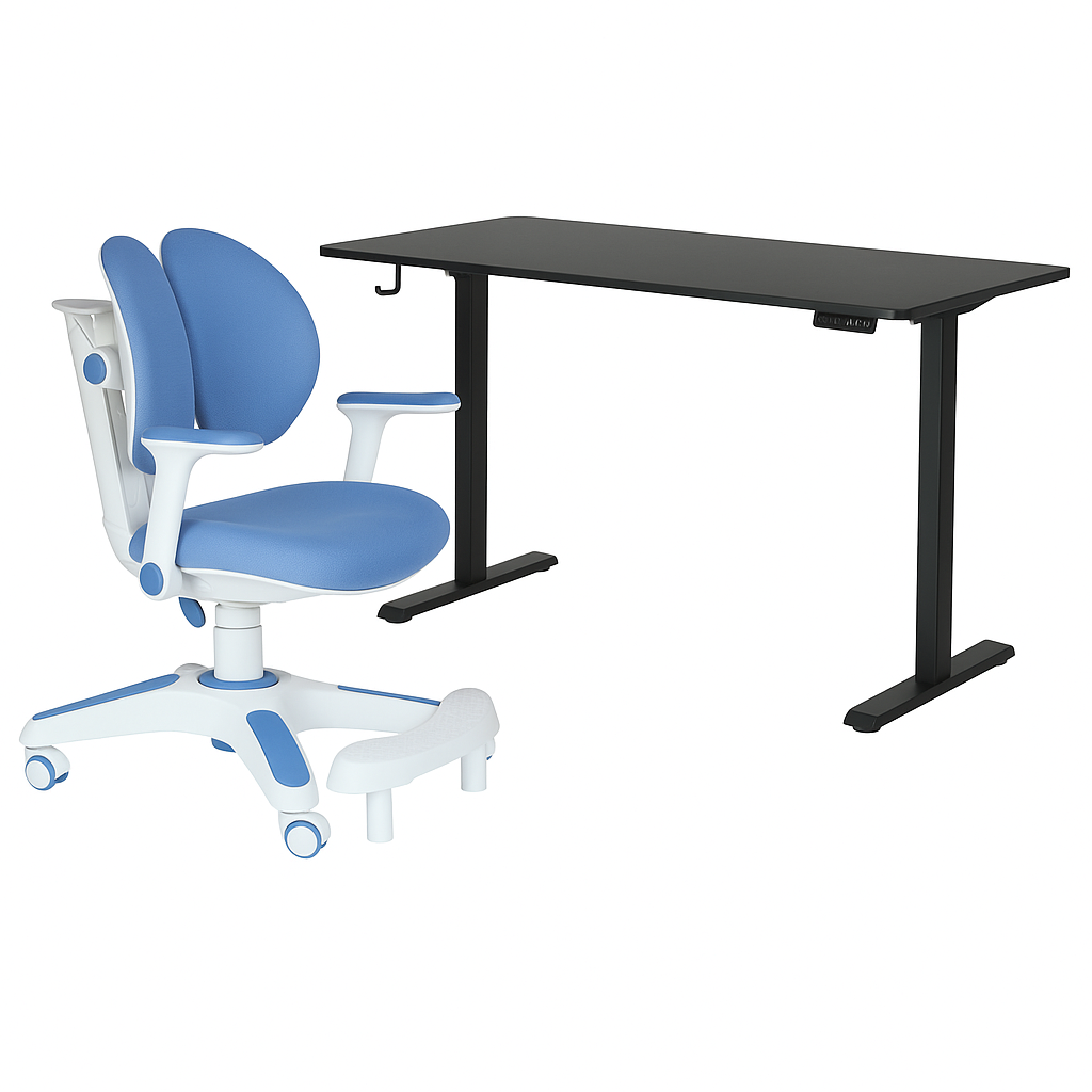 Ergonomic Kids Study Chair & Adjustable Electric Standing Desk Set ??Blue Chair & Black Desk