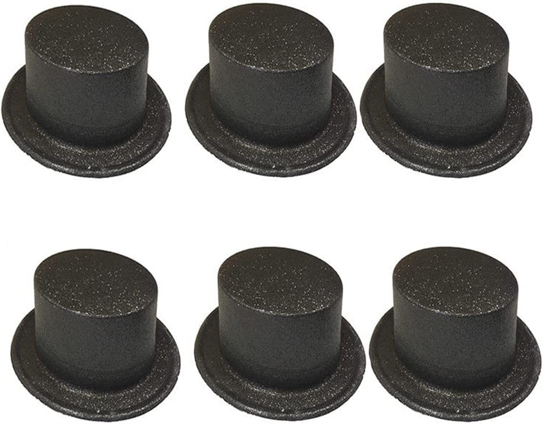 Set of six black glitter top hats, short brims and rounded crowns