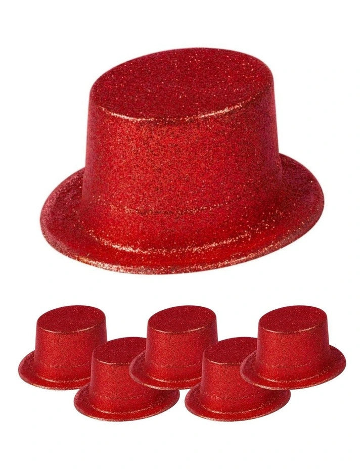 Red glitter tall top hat with matching caps bundle, plastic party costume