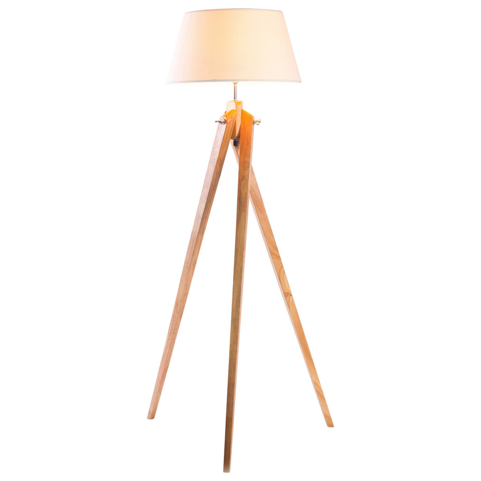 Tripod floor lamp with linen shade and light wood tripod base
