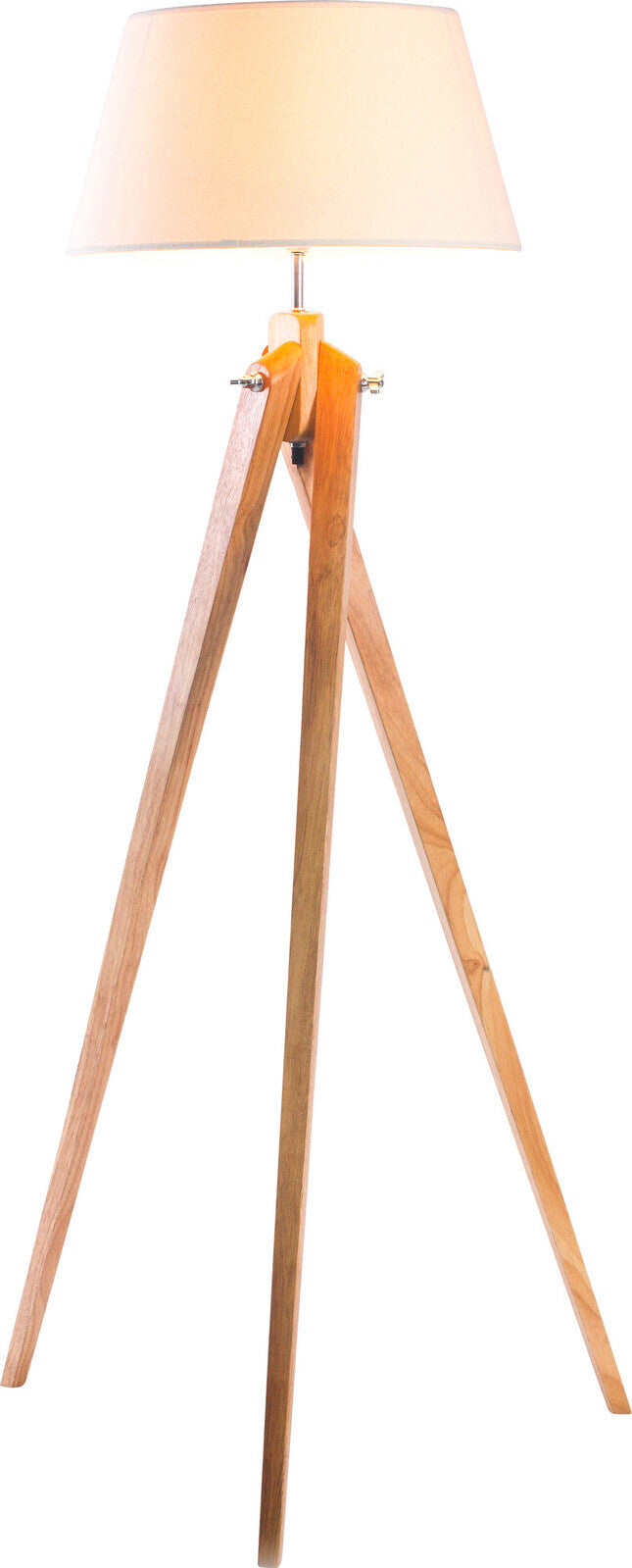 Tripod floor lamp close-up with off-white linen shade and twisted light wood top