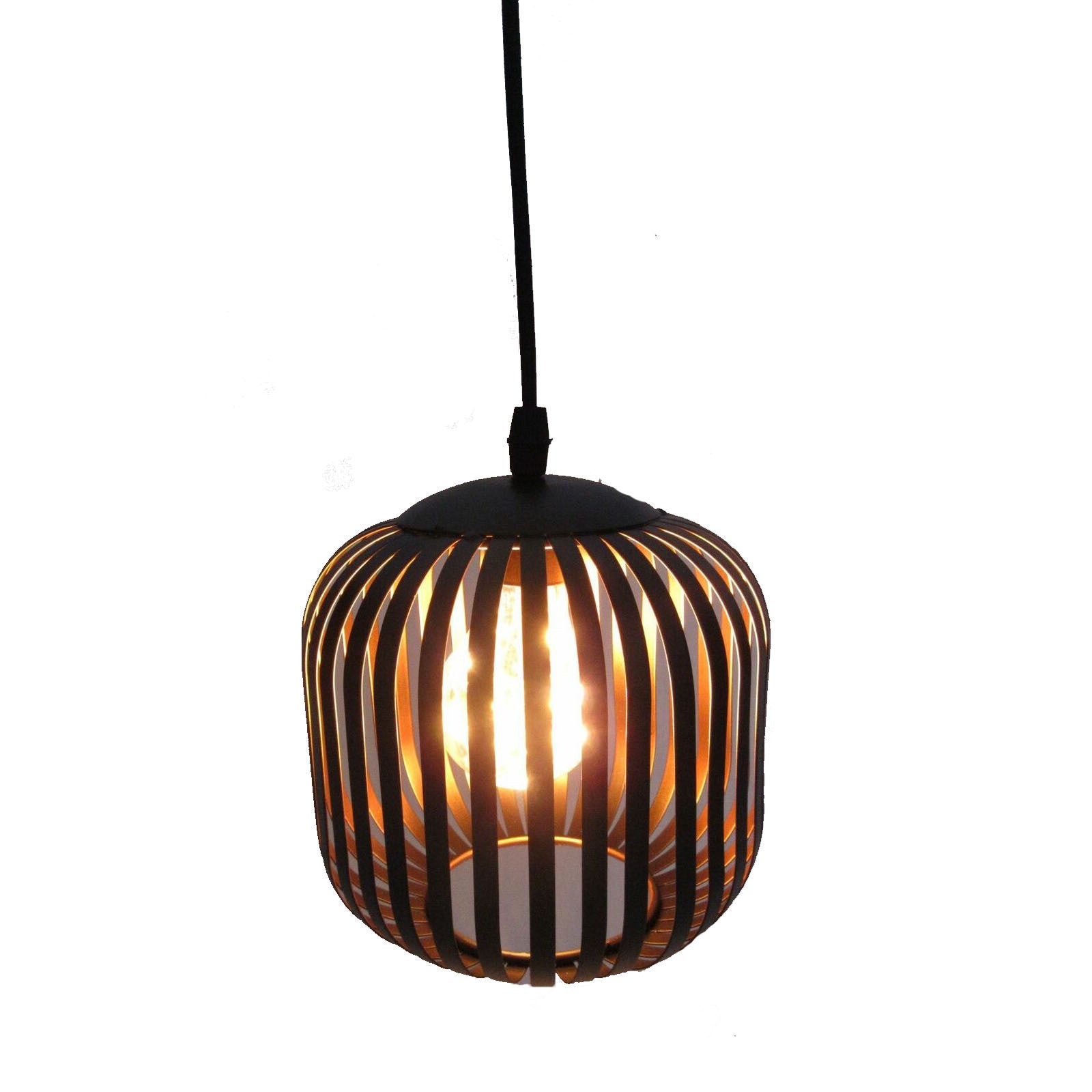 Metal LED pendant lamp with black slatted globe cage and warm lit bulbs