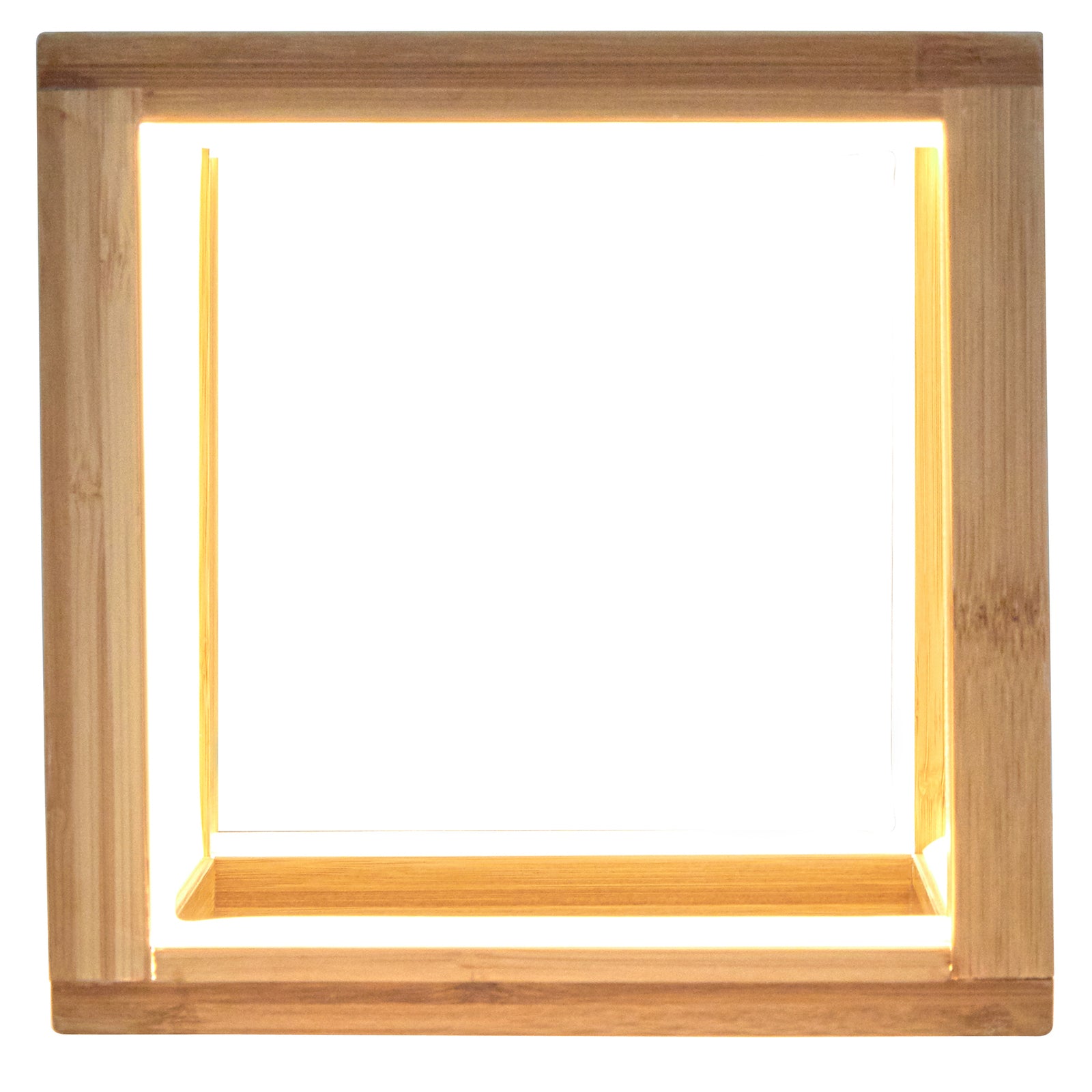 Bamboo cube LED lamp with open square frame and warm vertical light strips
