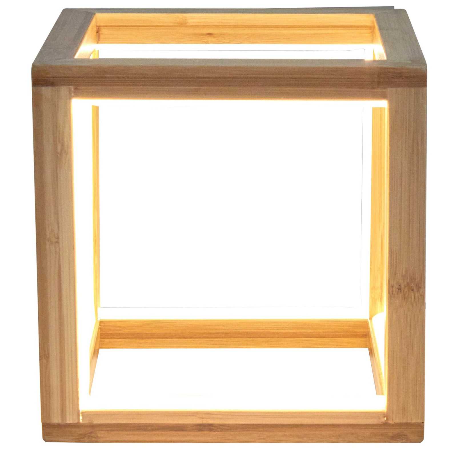 Bamboo cube LED lamp front view with warm horizontal light bar and side glow