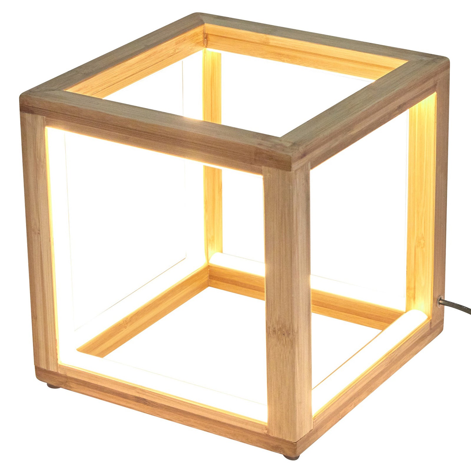 Bamboo cube LED lamp angled view with warm glow through the geometric openings