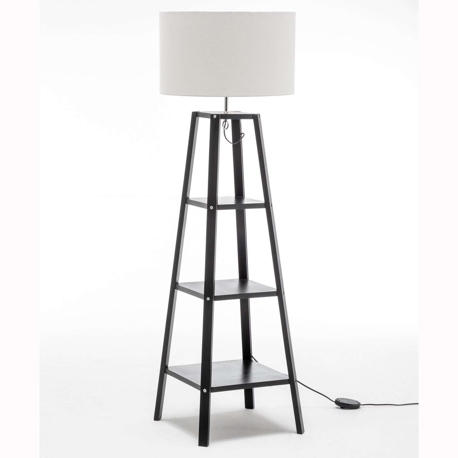 Eiffel 3 Tier Natural Wood Floor Lamp w/ Storage Shelves + Off White Linen Shade