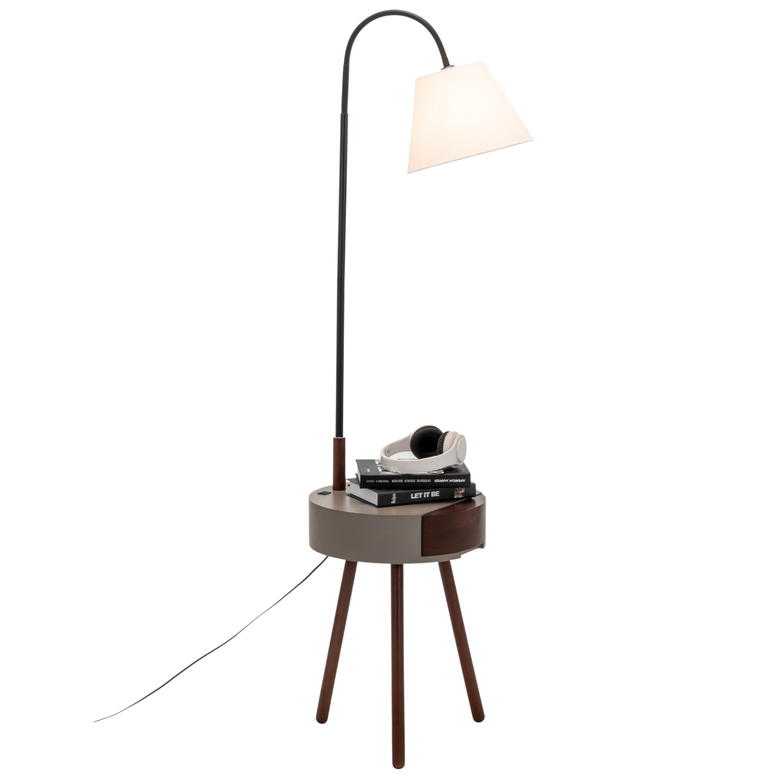Tripod side table lamp with round top, fabric shade, and built-in drawer storage