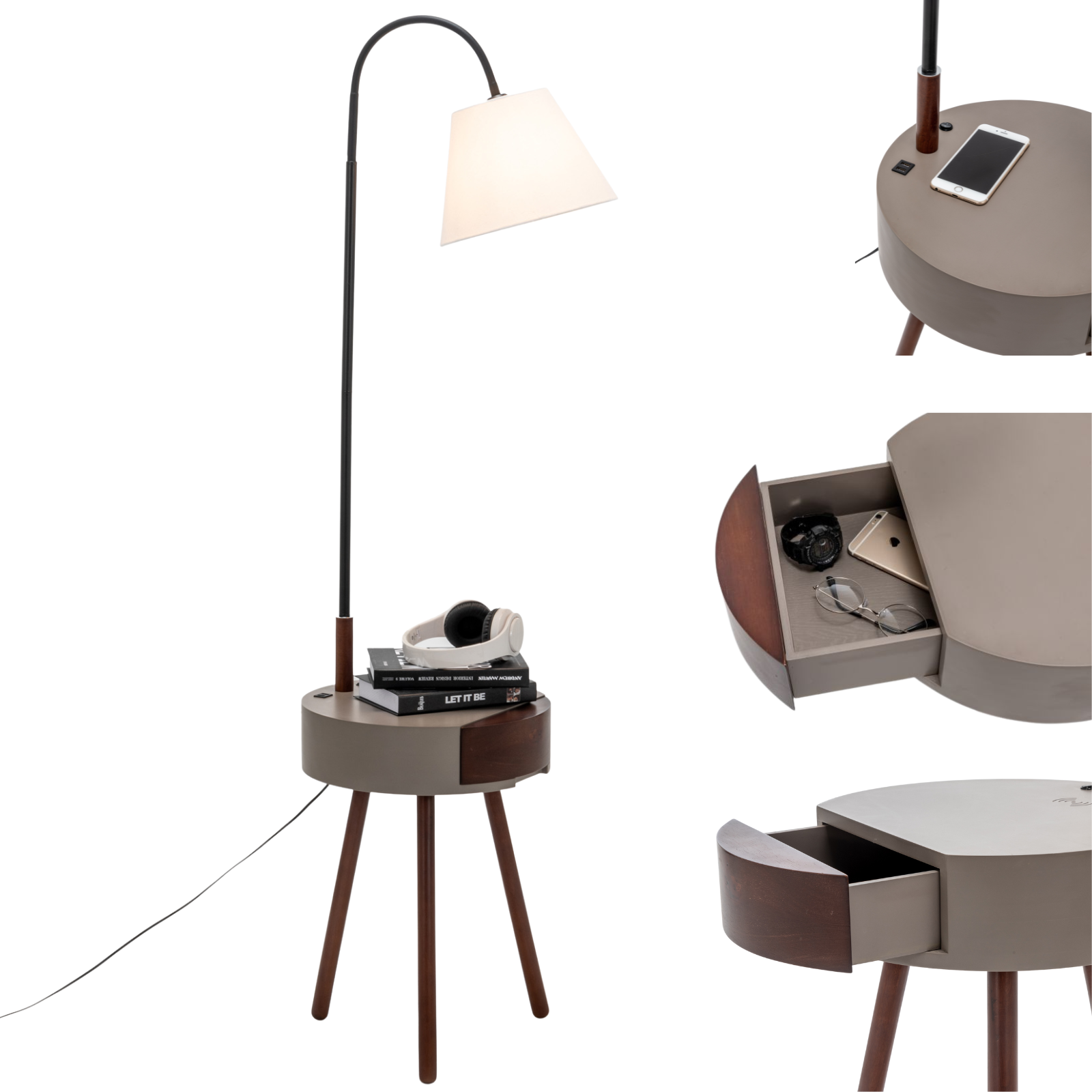 Tripod side table lamp with open drawer showing accessories and charging ports