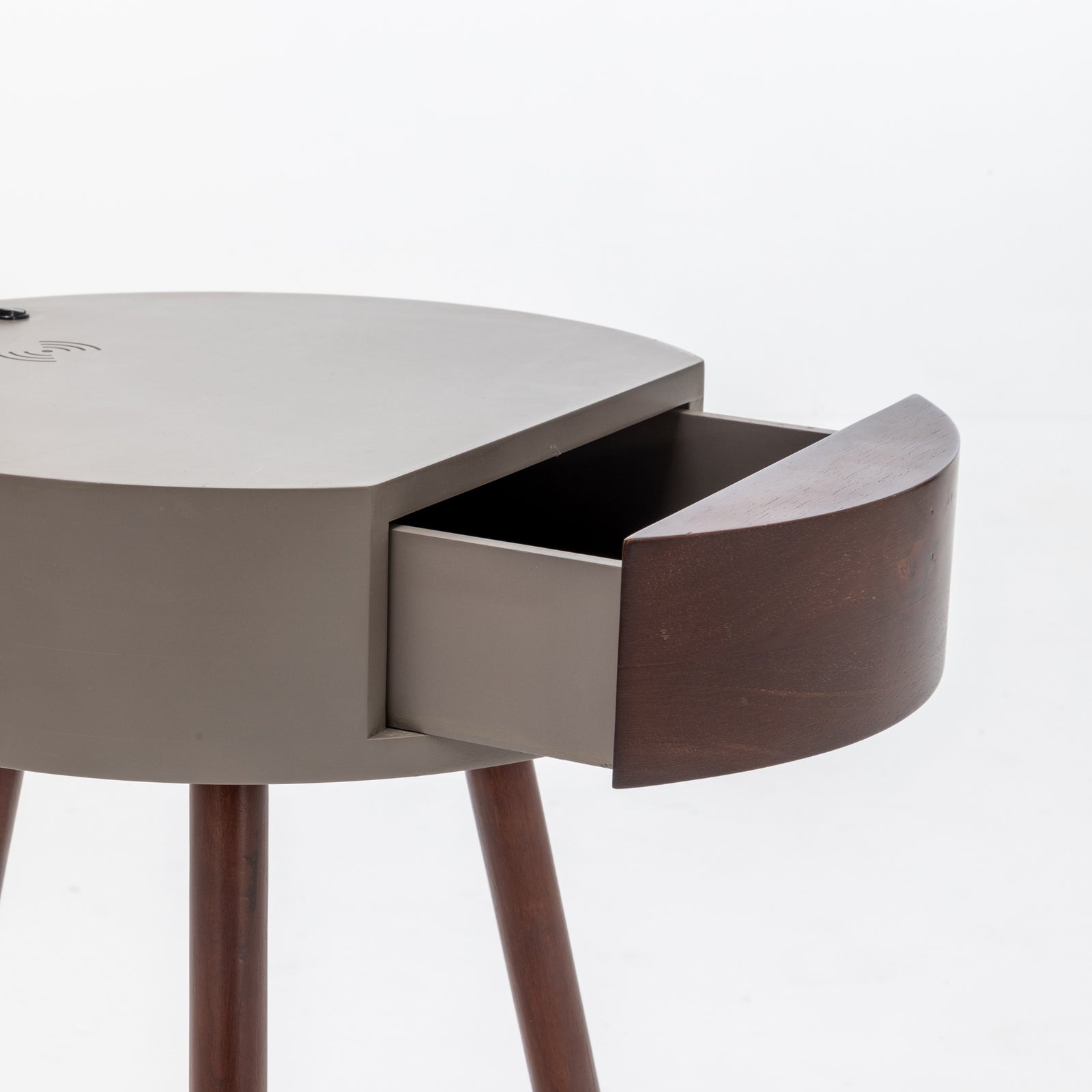Round side table lamp with open drawer compartment on the side
