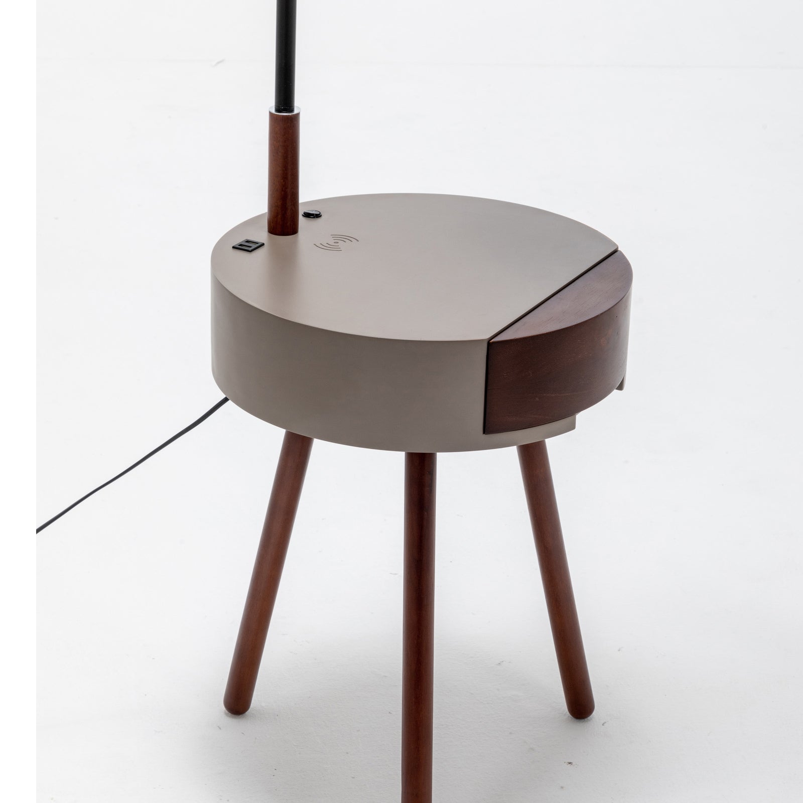 Tripod side table lamp with round tabletop, side drawer, and power cord