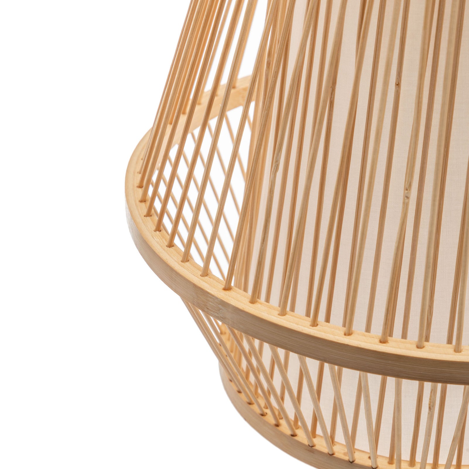 Natural bamboo woven bell lamp shade with side lattice weave and rim trim