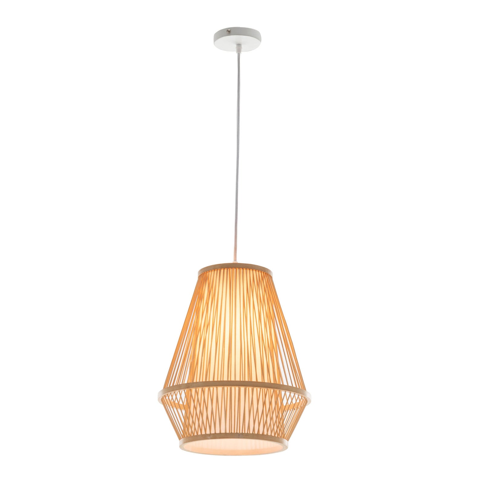 Natural bamboo woven bell pendant lamp hanging from ceiling canopy