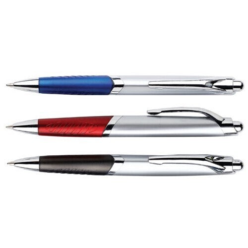 Three ballpoint pens: blue, red, and black barrels with silver clips and pointed tips