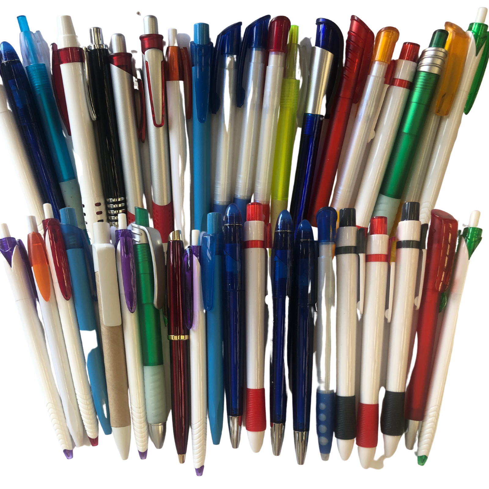 Assorted ballpoint pens bulk pack with blue, red, green, black, and white barrels
